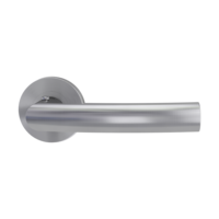 The image shows the Griffwerk door handle set LORITA PROF in the version with rose set round smart2lock 2.0 screw on brushed steel