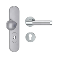 Silhouette product image in perfect product view shows the Griffwerk security combi set TITANO_882 in the version cylinder cover, round, brushed steel, clip on with the door handle CHRISTINA