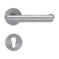 Isolated product image in perfect product view shows the GRIFFWERK rose set split spindle LUCIA PROF in the version euro profile - brushed steel - screw on technique