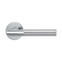 The image shows the Griffwerk door handle set ARICA in the version with rose set round unlockable clip on polished/brushed steel