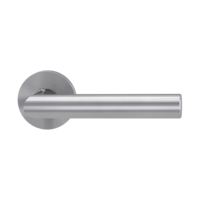 The image shows the Griffwerk door handle set LUCIA PROF in the version with rose set round smart2lock 2.0 screw on brushed steel