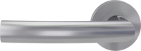 The image shows the Griffwerk door handle set LORITA PROF in the version with rose set round smart2lock 2.0 screw on brushed steel