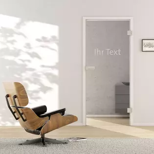 Living situation shows the GRIFFWERK glass door Typo_LD_681 in the version revolving door - DIN right - studio / office - tempered safety glass PURE WHITE, laser one side