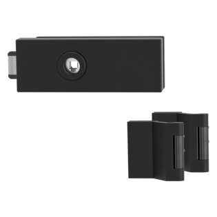 Silhouette product image in perfect product view shows the GRIFFWERK glass door fitting PURISTO S in the version unlockable - graphite black - 3-part hinge studio/office 