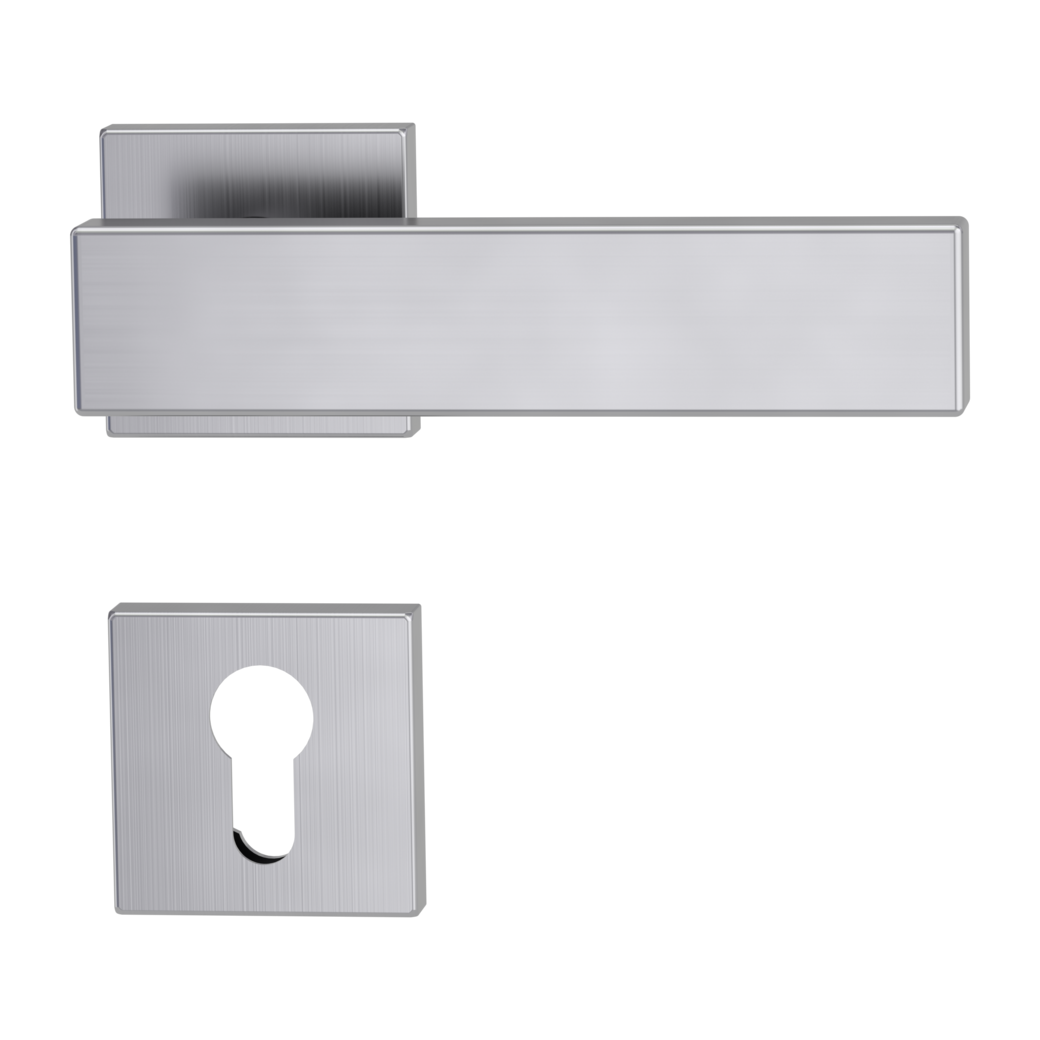 CARLA SQUARE door handle set Clip-on sys.GK3 straight-edged escut. Satin stainless steel profile cylinder