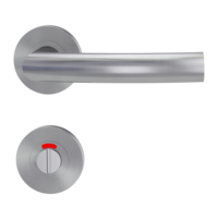 The image shows the Griffwerk door handle set LORITA PROF in the version with rose set round wc red/white screw on brushed steel