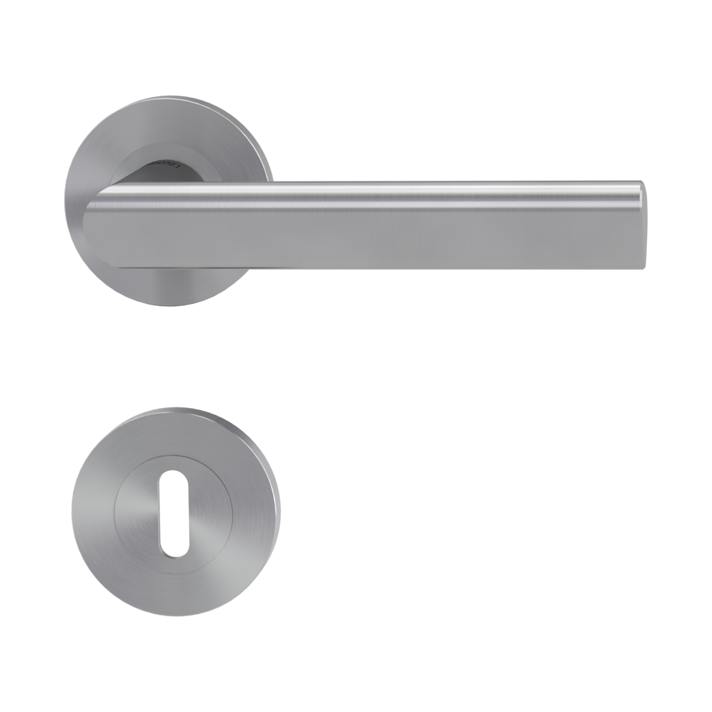 door handle set TRI 134 screw on rose set round mortice lock brushed steel