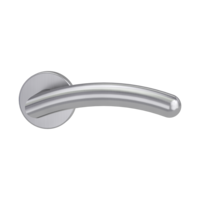 The image shows the Griffwerk door handle set SAVIA in the version with rose set round unlockable clip on brushed steel