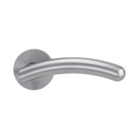 The image shows the Griffwerk door handle set SAVIA PROF in the version with rose set round unlockable screw on brushed steel