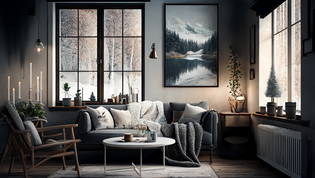 A cozy living room in hygge style with perfectly matching cashmere grey or velvety grey.