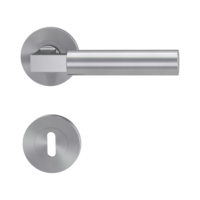 Isolated product image in perfect product view shows the GRIFFWERK rose set METRICO PROF in the version mortice lock - brushed steel - screw on technique