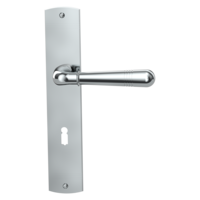 Isolated product image in perfect product view shows the GRIFFWERK long plate set LOREDANO in the version mortice lock - polished/brushed steel - deco screw