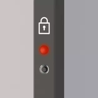 Einfaches Verriegeln und Öffnen per Knopfdruck. Die rot leuchtende LED zeigt an, ob die Tür verriegelt ist.
