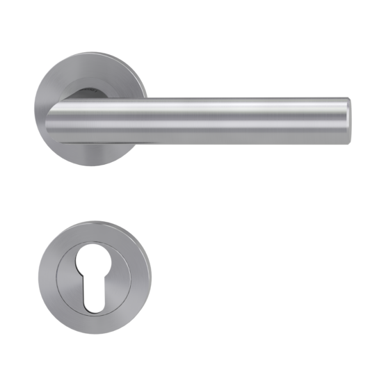 Isolated product image in perfect product view shows the GRIFFWERK rose set LUCIA PROF in the version euro profile - brushed steel - screw on technique