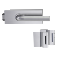 Silhouette product image in perfect product view shows the Griffwerk glass door lock set PURISTO S in the version unlockable, brushed steel, 2-part hinge set with the handle pair DANIELA