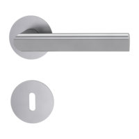 The image shows the Griffwerk door handle set TRI 134 in the version with rose set round mortice lock flat rose brushed steel