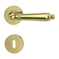 The image shows the Griffwerk door handle set CAROLA in the version with rose set round mortice lock screw on brass look