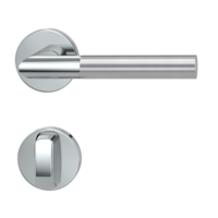 The image shows the Griffwerk door handle set ARICA in the version with rose set round wc clip on polished/brushed steel