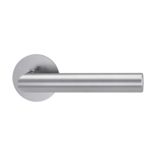 The image shows the Griffwerk door handle set LUCIA PIATTA S in the version with rose set round smart2lock 2.0 flat rose brushed steel