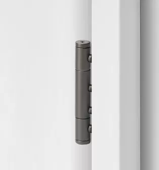 3-part wooden door hinge in the surface cashmere grey, shown in a white wooden door frame