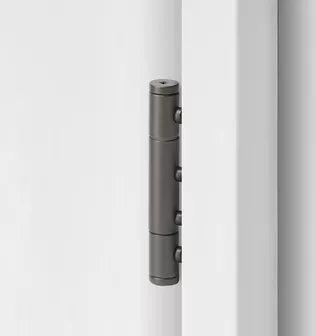 3-part wooden door hinge in the surface cashmere grey 3-part wooden door hinge in the surface cashmere grey, shown in a white wooden door frame