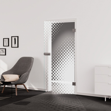 Wohnsituation zeigt die Glastür aus Einscheibensicherheitsglas (ESG) Laserdekor JETTE DOTS 573 in der Ausführung durchsichtig PURE WHITE Bohrung Studio/Office Drehtür DIN R