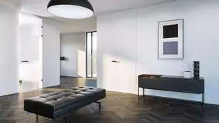 Griffwerk Frame Glas + Holz auf Türen in Standardhöhen und auf deckenhohe Türen im XL-Format