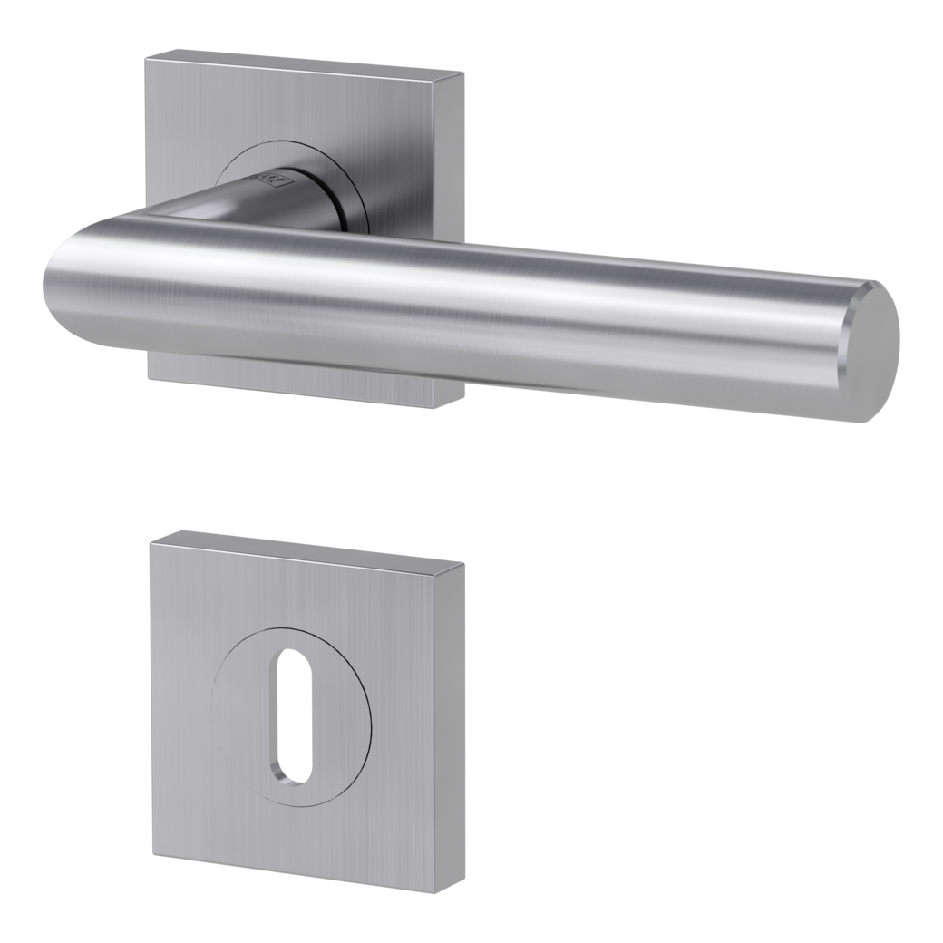 LUCIA PROF door handle set Screw-on sys.GK3 straight-edged escut. Satin stainless steel cipher bit