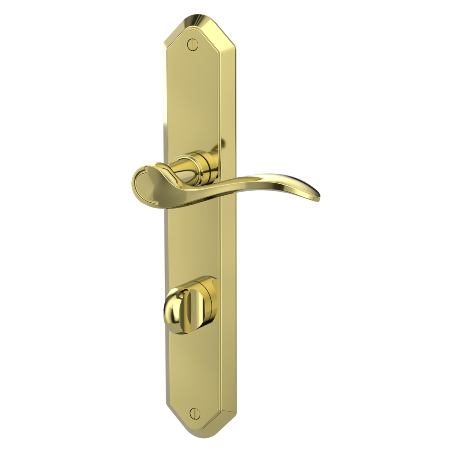 Isolated product image in the left-turned angle shows the GRIFFWERK long plate set AMADEUS in the version turn and release - brass look - deco screw