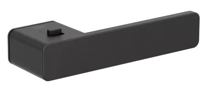 Isolated product image in the right-turned angle shows the GRIFFWERK door handle set without roses R8 ONE in the surface graphite black version  smart2lock