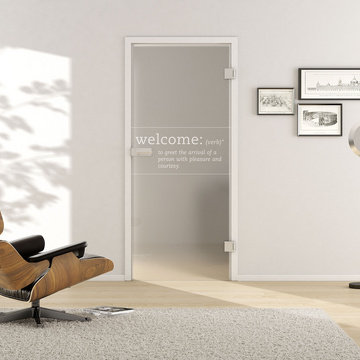 Living situation with shows the GRIFFWERK glass door Typo_LD_667 laser two sides in the version revolving door - DIN right - studio / office - tempered safety glass PURE WHITE 