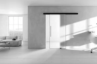 The illustration shows the Planeo Air sliding door system by Griffwerk
