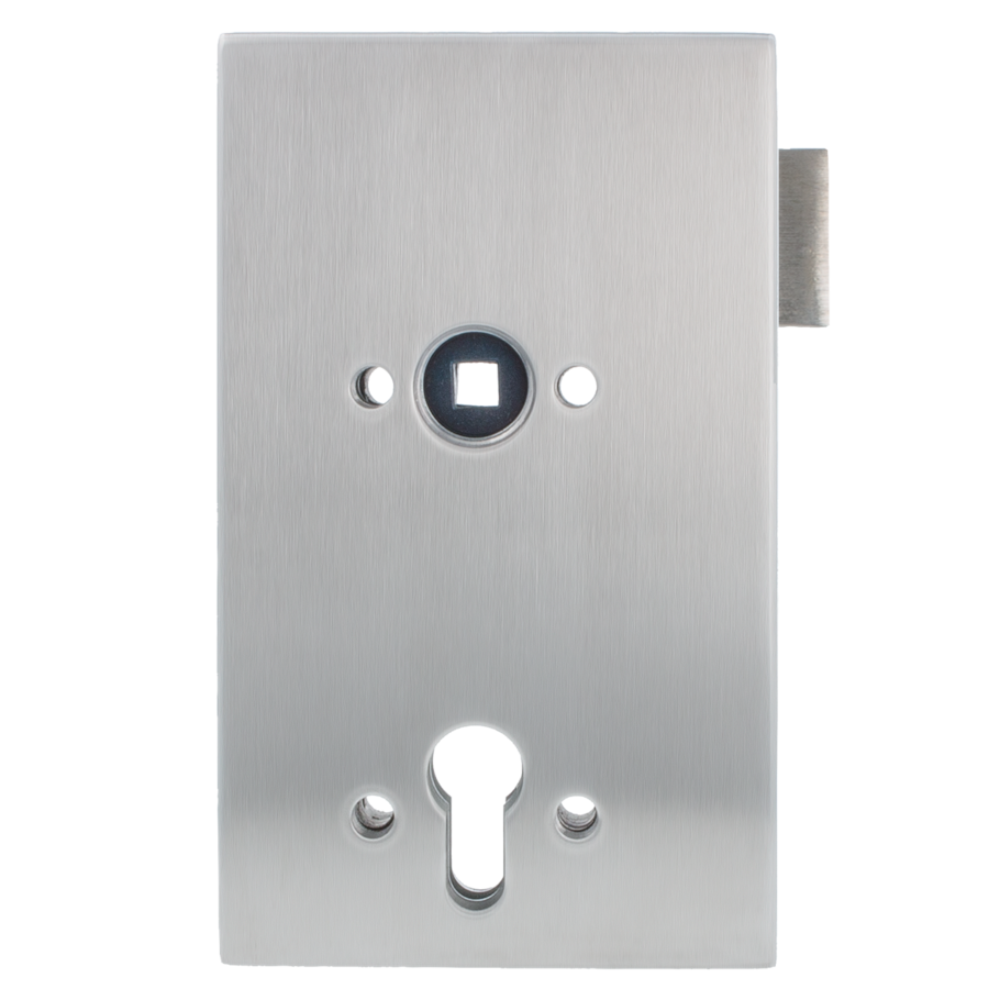 Silhouette product image in perfect product view shows the GRIFFWERK glass door fitting QUATTRO SCHRAUB in the version profile cylinder right - stainless steel mat - 3-part hinge office/office 