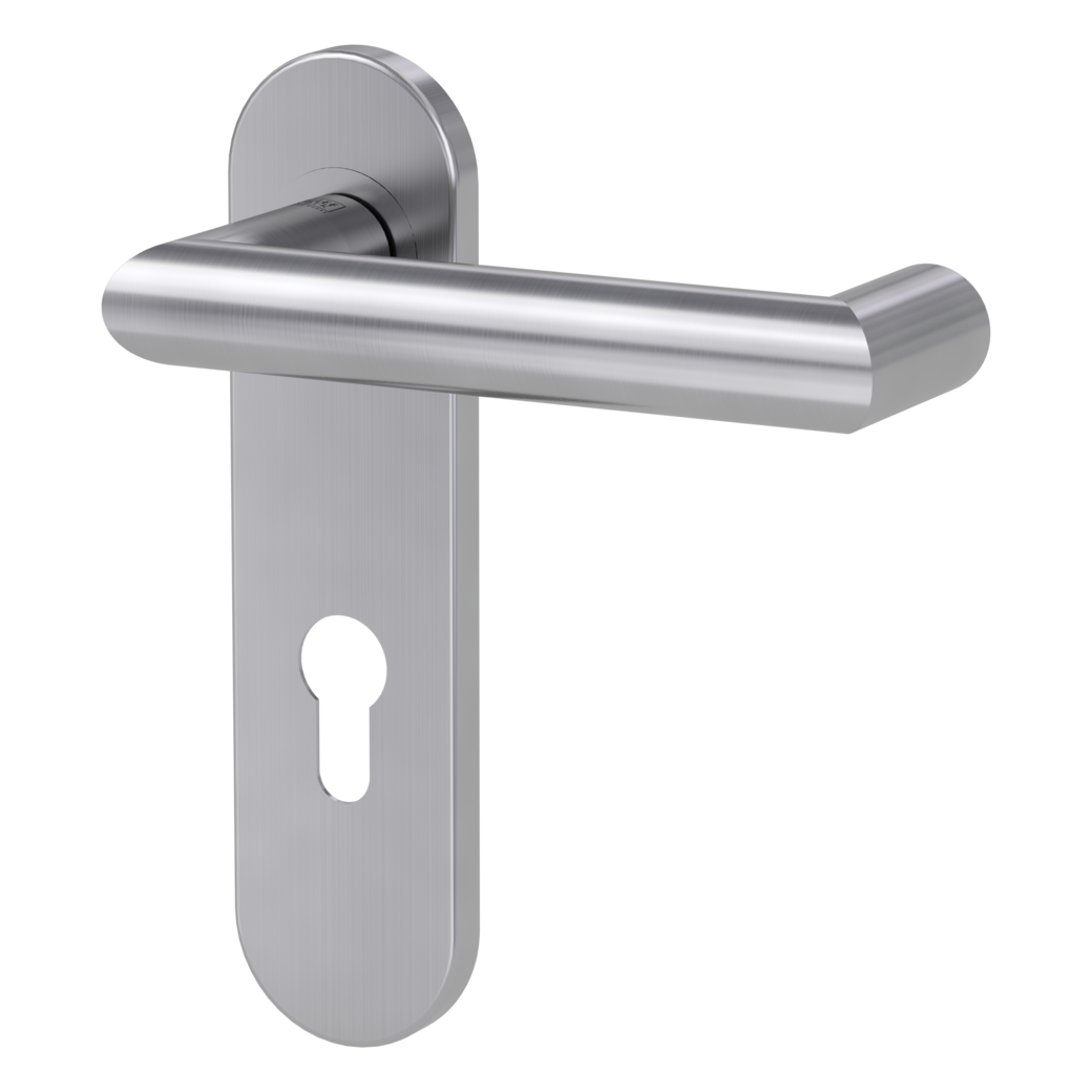 LUCIA PROF door handle set Screw-on sys.panic round short backpl. Satin stainless steel profile cylinder