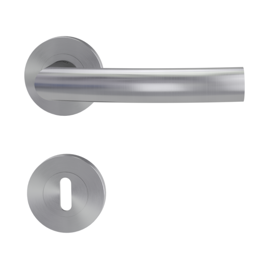Freigestelltes Produktbild im idealen Blickwinkel fotografiert zeigt die GRIFFWERK Rosettengarnitur LORITA PROF in der Ausführung Buntbart - Edelstahl matt - Schraubtechnik