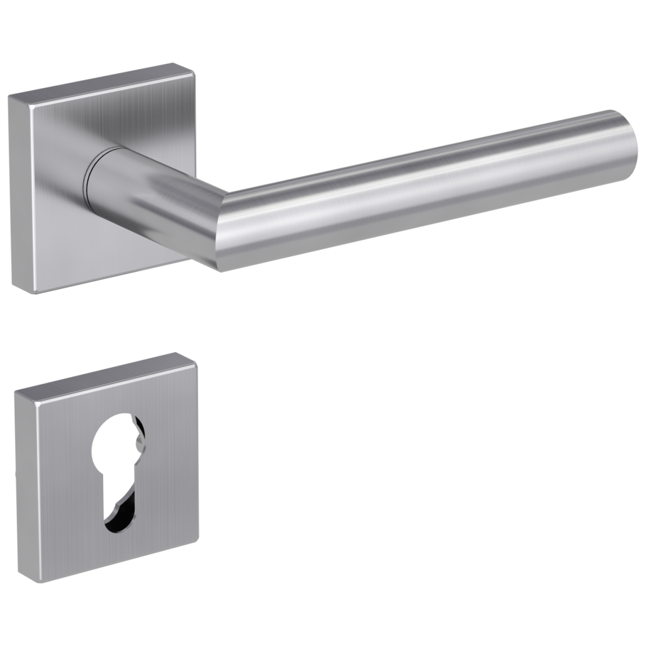 Isolated product image in the right-turned angle shows the GRIFFWERK rose set square LUCIA SQUARE in the version euro profile - brushed steel - clip on technique