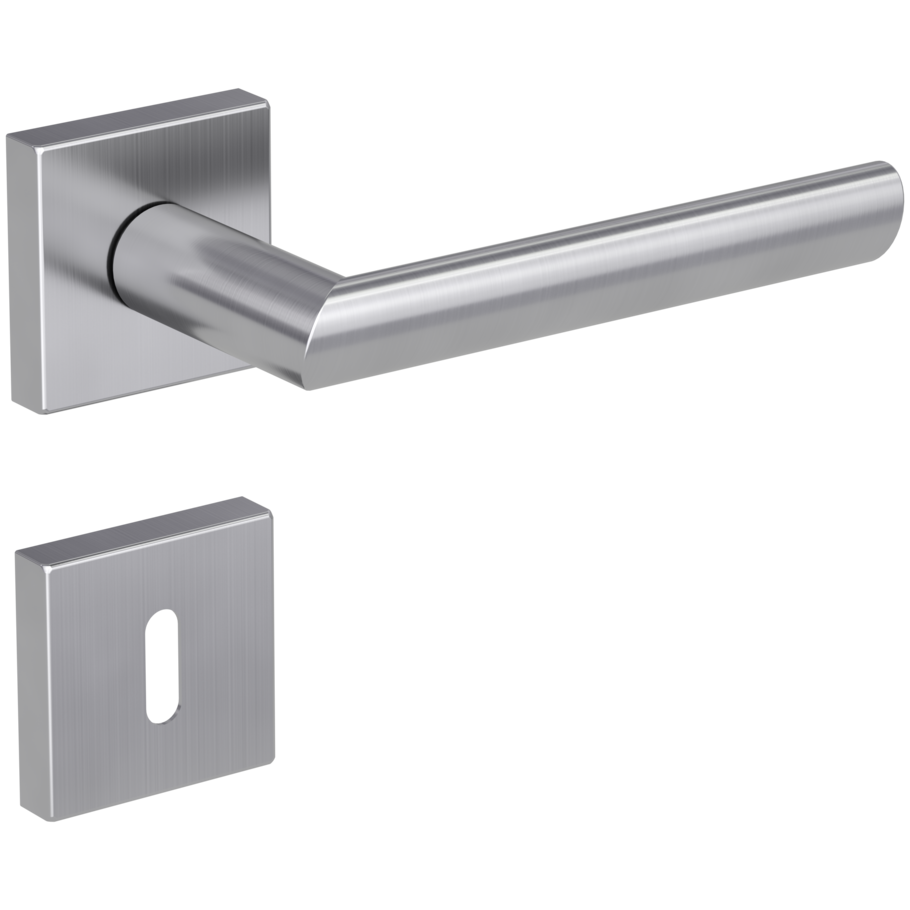 Isolated product image in the right-turned angle shows the GRIFFWERK rose set square OVIDA QUATTRO in the version mortice lock - brushed steel - clip on technique