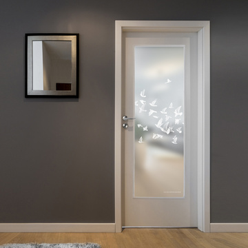 The picture shows the glass panel GRIFFWERK BIRDS AND BIRD 695 in the version matt with white glass PURE WHITE