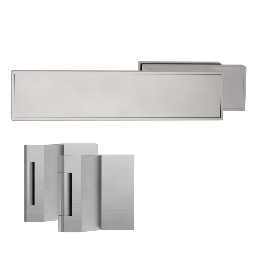 Silhouette product image in perfect product view shows the GRIFFWERK glass door lock set FRAME in the version unlockable, velvety grey, 3-part hinge set