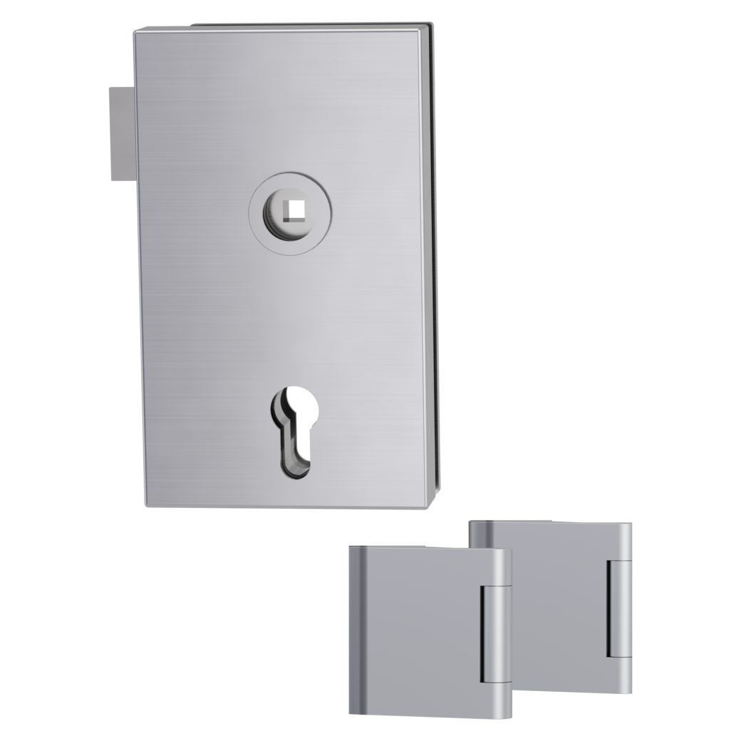 glass door lock set QUATTRO 1.0 euro profile R standard 3-part hinges brushed steel