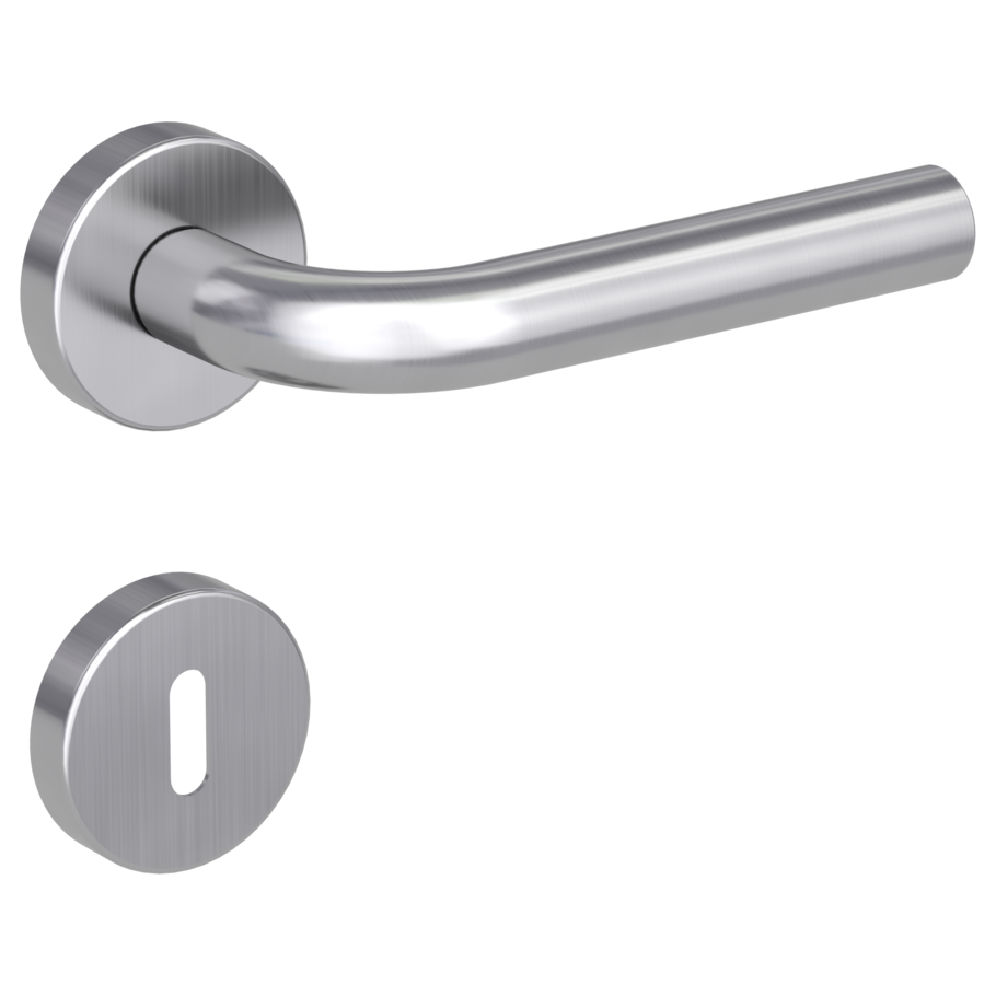 Isolated product image in the right-turned angle shows the GRIFFWERK door handle set DANIELA in the surface brushed steel version  mortice lock