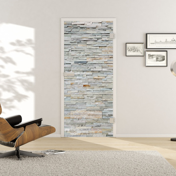 Wohnsituation mit zeigt die GRIFFWERK Glastür VSG Digital_698 in der Ausführung DIN rechts - Drehtür Bohrung Studio/Office - Verbundsicherheitsglas BASIC GREEN Digitaldruck (klar) 