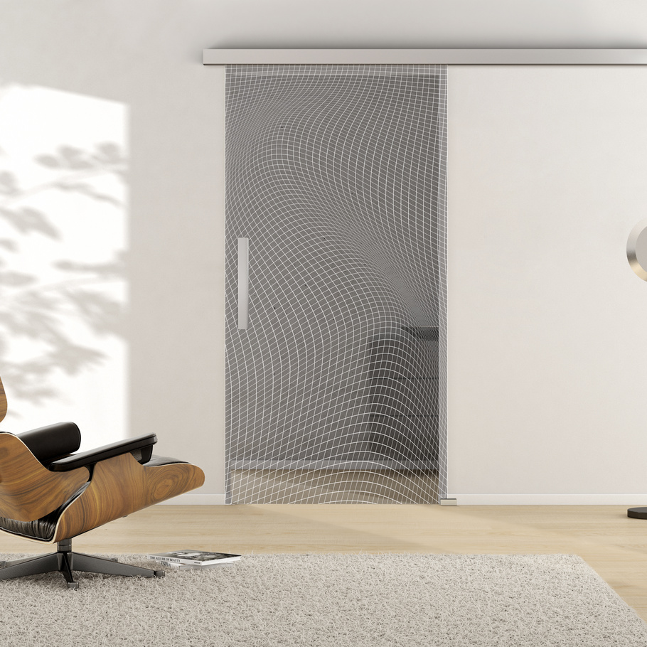 Ambientebild in Wohnraumsituation illustriert die Griffwerk Glasschiebetür 3D 673 in der Ausführung ESG MOON GREY klar