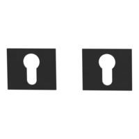 Freigestelltes Produktbild im idealen Blickwinkel fotografiert zeigt das Griffwerk Schlüsselrosettenpaar Profilzylinder Flachrosette, in der Version Graphitschwarz, eckig