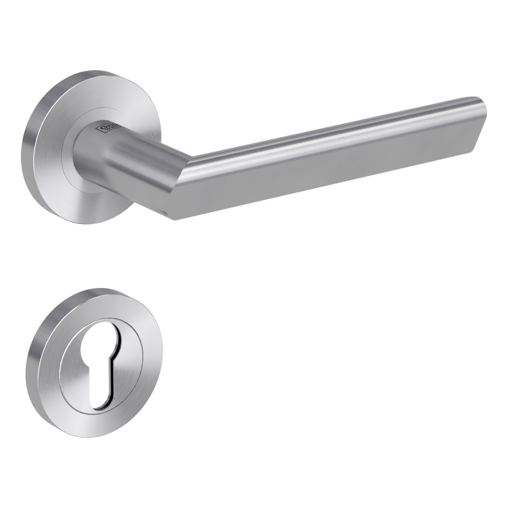 TRI 134 door handle set Screw-on system GK3 round escutcheons Satin stainless steel profile cylinder