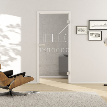 Wohnsituation mit zeigt die GRIFFWERK Glastür TYPO_LD_688 in der Ausführung DIN rechts - Drehtür Bohrung Studio/Office - Einscheibensicherheitsglas PURE WHITE Laser einseitig