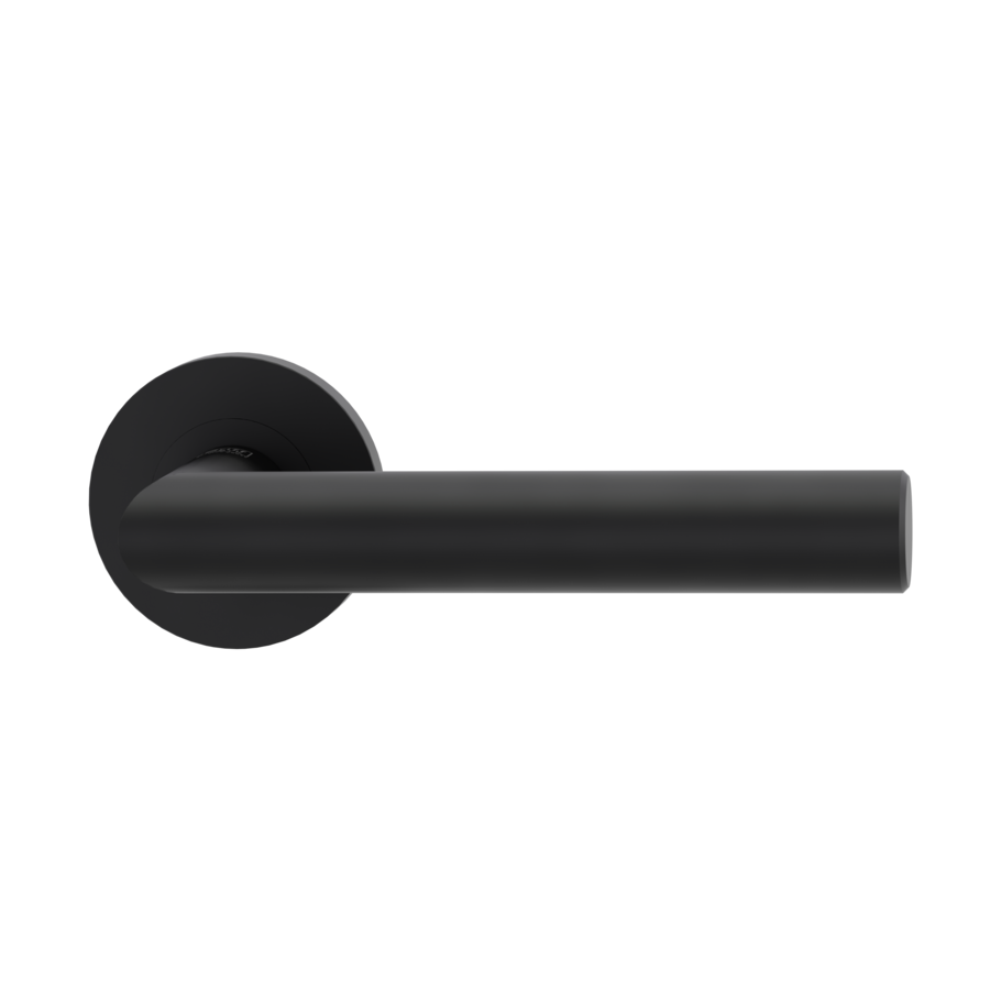 The image shows the Griffwerk door handle set LUCIA PROF in the version with rose set round unlockable screw on graphite black