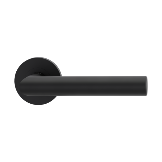 The image shows the Griffwerk door handle set LUCIA PROF in the version with rose set round unlockable screw on graphite black