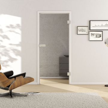 Wohnsituation mit zeigt die GRIFFWERK Glastür 3D_LD_673 in der Ausführung DIN rechts - Drehtür Bohrung Studio/Office - Einscheibensicherheitsglas PURE WHITE Laser einseitig 