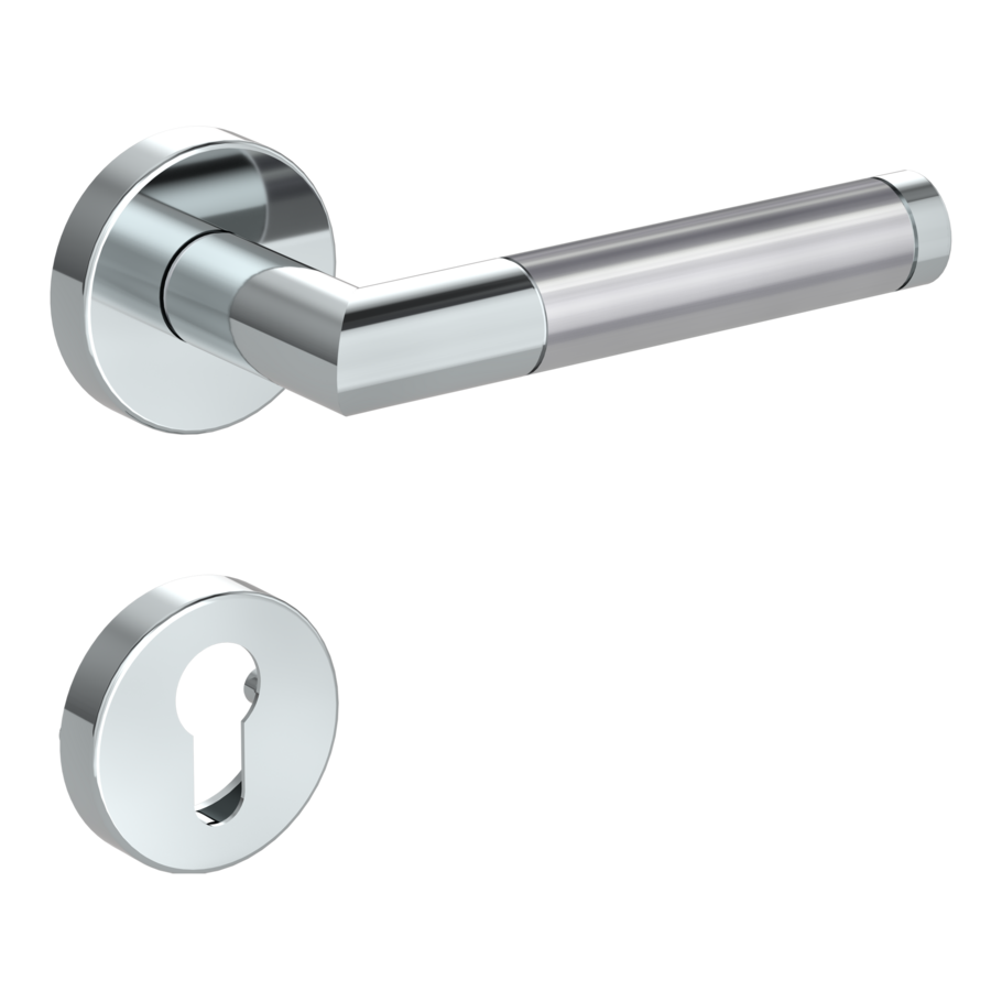 Isolated product image in the right-turned angle shows the GRIFFWERK rose set LOREDANA in the version euro profile - polished/brushed steel - clip on technique